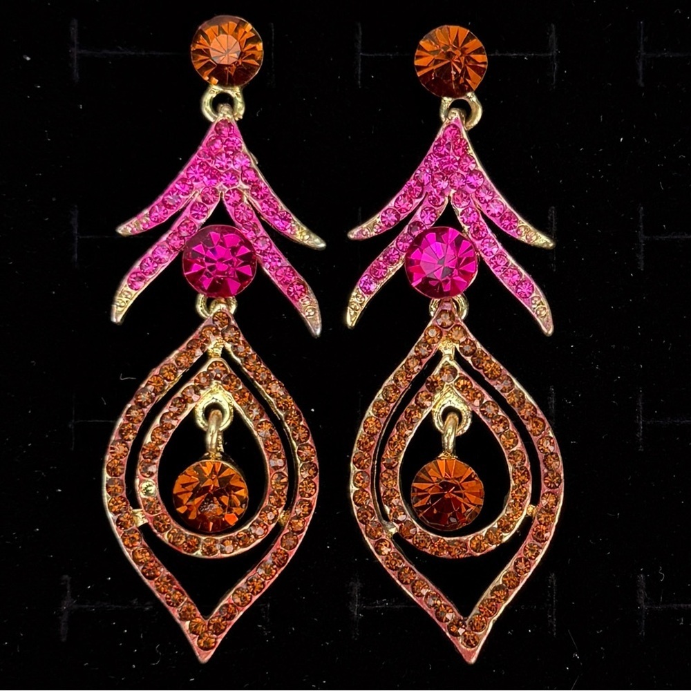 Vintage Pink Amber Rhinestone Articulated Statement Pierced Earrings